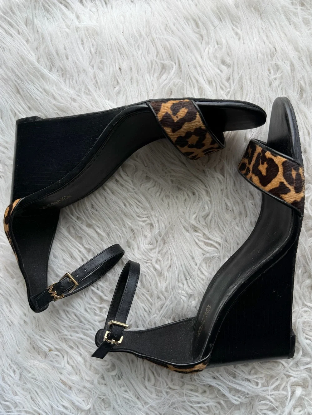 Michael Kors Leopard Calf Hair Wedge Sandals Black Gold Ankle Strap